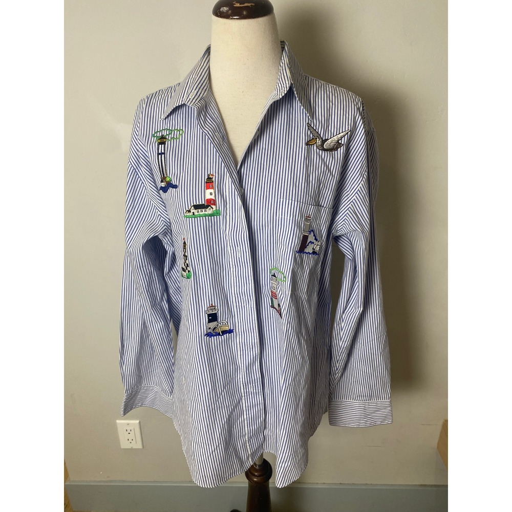Vintage Las Olas Lighthouses Embroidered Striped Button Down Shirt Blue White M
